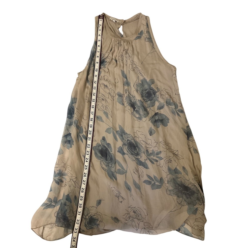 H.Trend Silk Floral Sleeveless Dress Womens Size M Taupe Blue Made in Italy - Picture 9 of 11